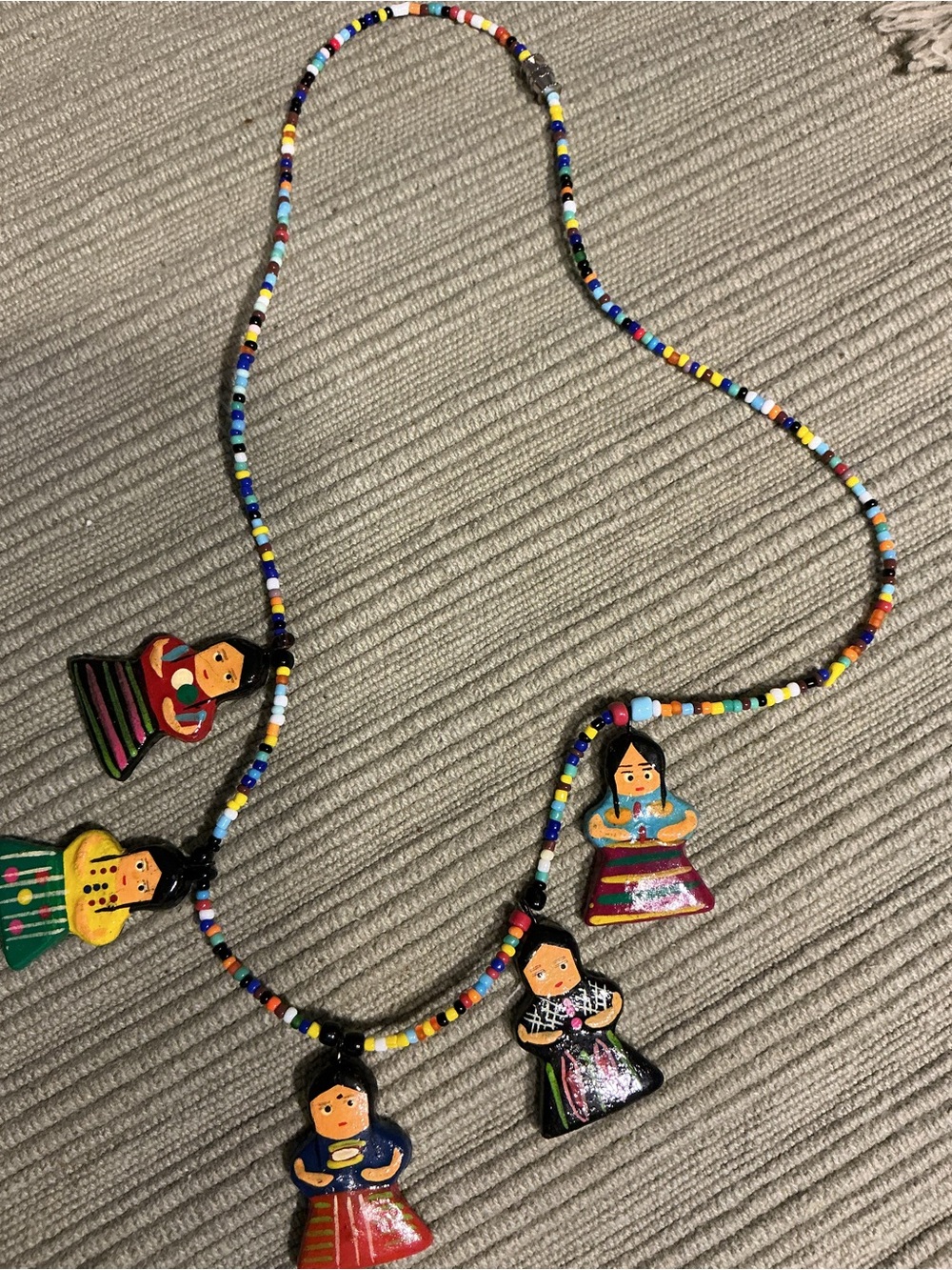 Vintage Handmade Beaded Necklace with Doll Charms